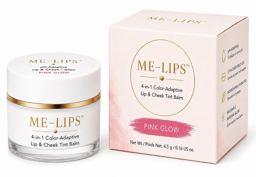 Hũ son dưỡng ME-LIPS Pink Glow màu trắng và hộp hồng nhạt