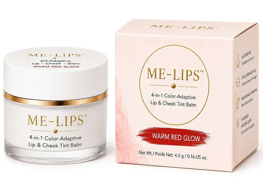 Hũ son dưỡng ME-LIPS Warm Red Glow màu trắng và hộp hồng nhạt