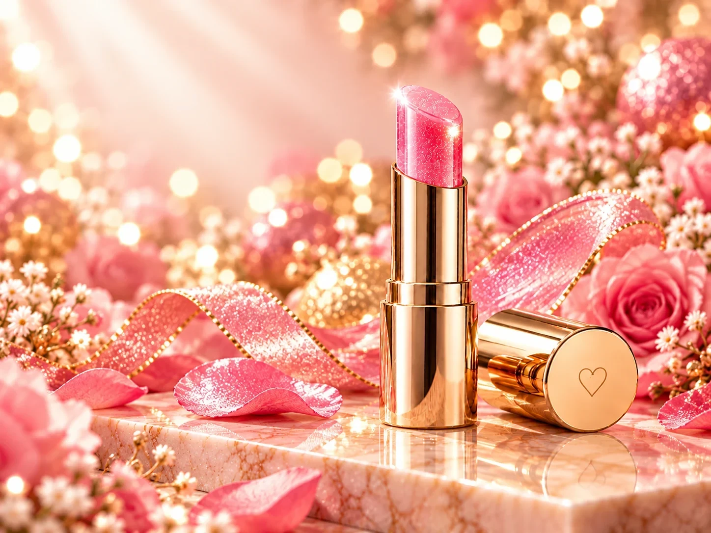 Baume teinté adaptatif rose Color Changing Lip Balms dans un tube doré de style rouge à lèvres, avec un cœur gravé sur le capuchon et des fleurs roses