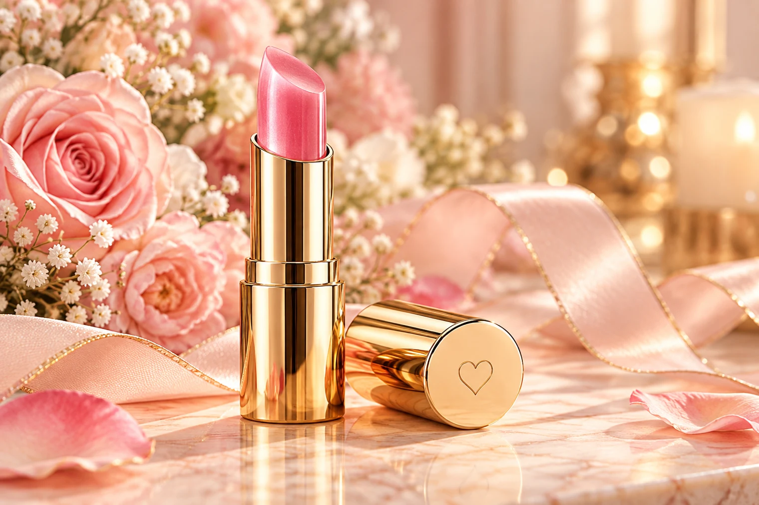 Color Changing Lip Balms concept showing a pink balm in a shiny gold tube with a heart on its cap