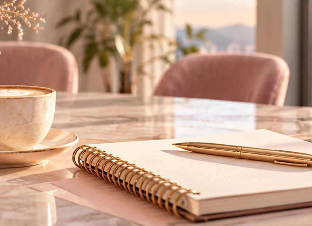 Illustrative welcoming studio still life with a notebook, flowers and coffee near a waterfront window