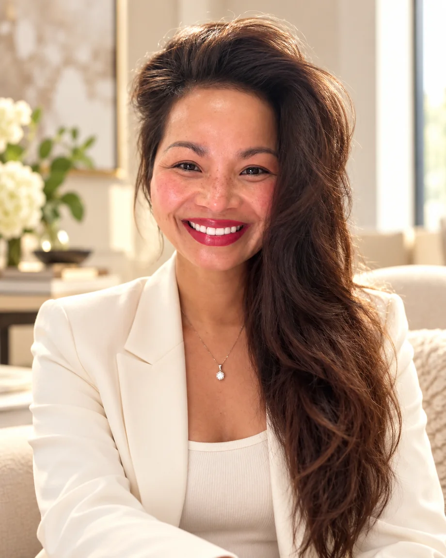 Melinda Bui seated with a welcoming smile and cream blazer, founder of BUI Creative Labs