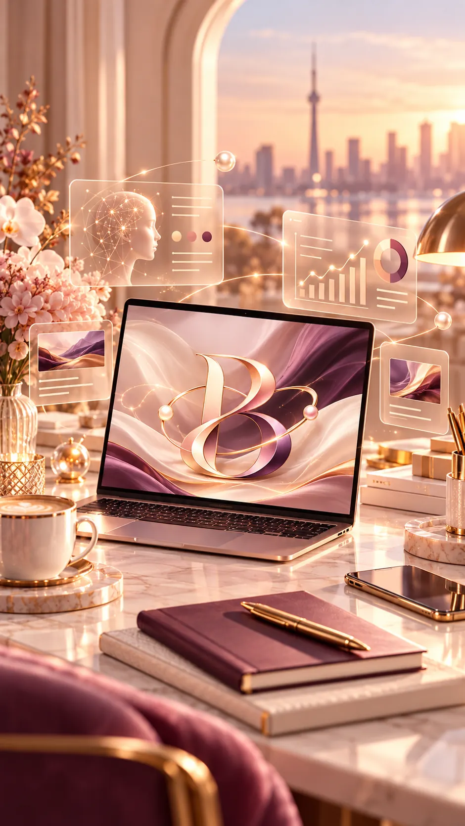Warm Toronto creative studio at sunset, with BUI Creative Labs branding, a laptop, and glowing design and analytics elements