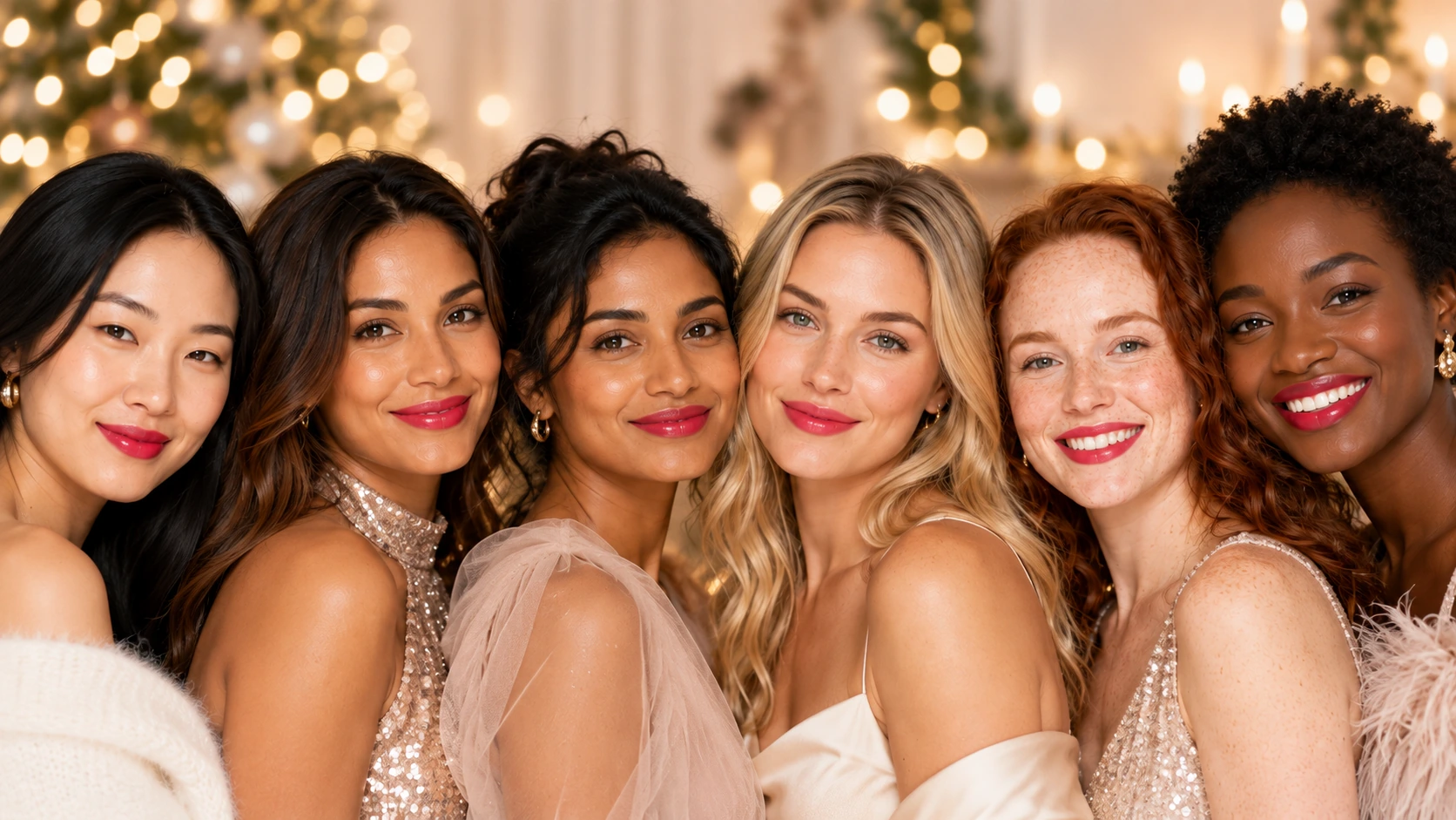 ME-LIPS inclusive holiday beauty editorial showing six models in blush and champagne styling