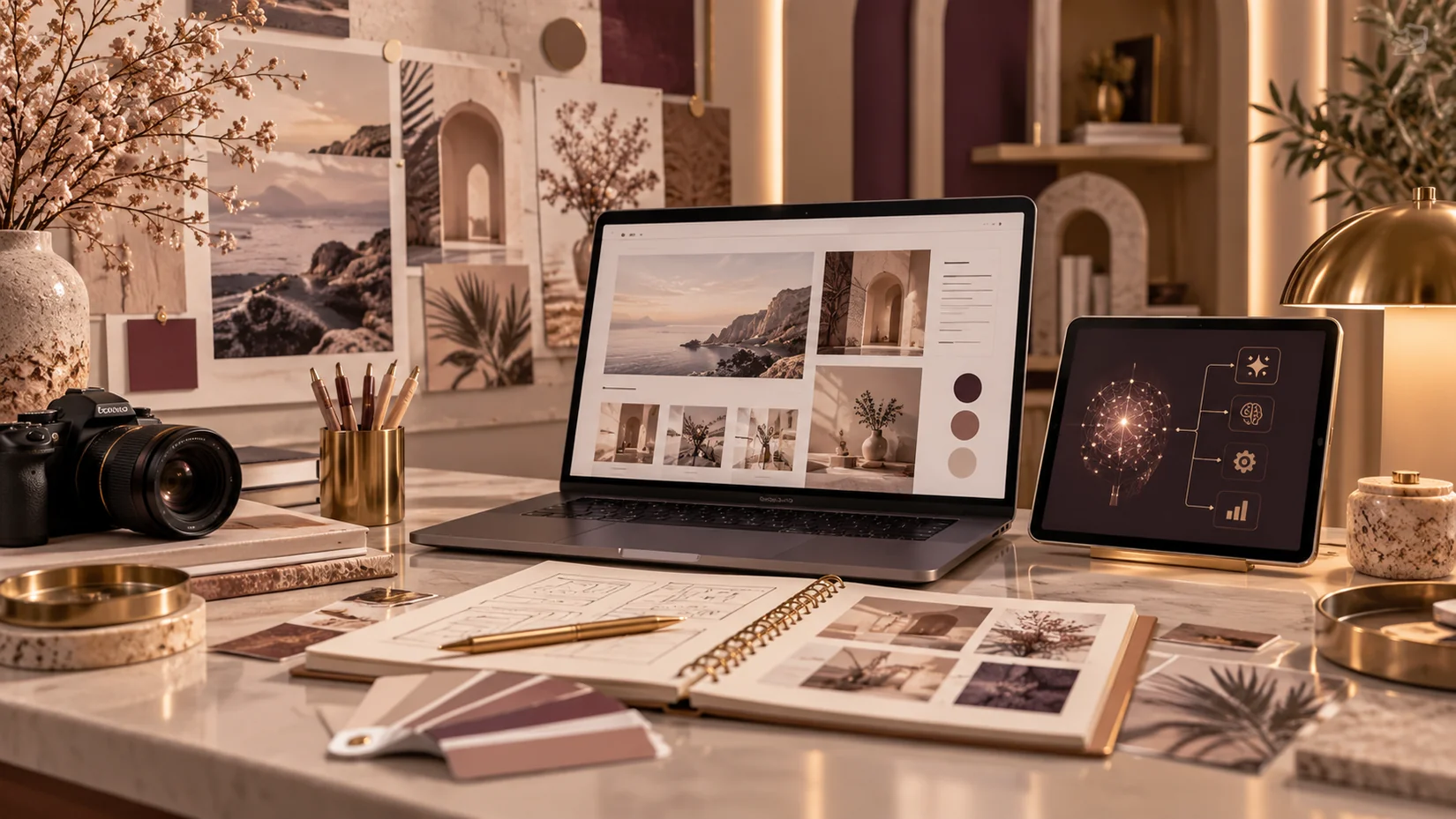 Editorial creative studio with devices and design materials