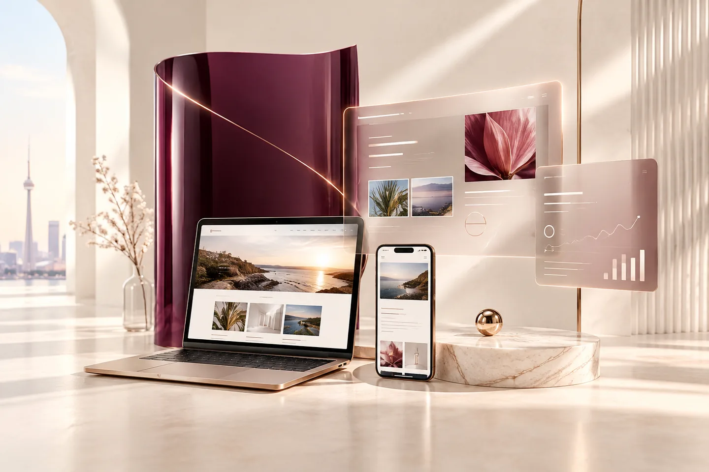 Modern digital creative and AI-assisted analytics concept with responsive websites and studio technology
