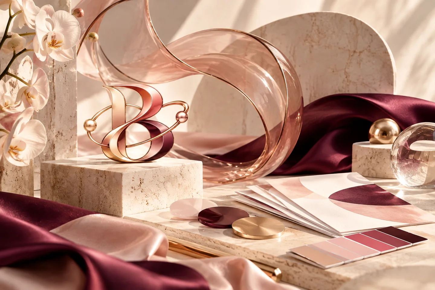 Editorial creative direction featuring original brand identity concepts, paper, material textures, marble and rose-gold accents