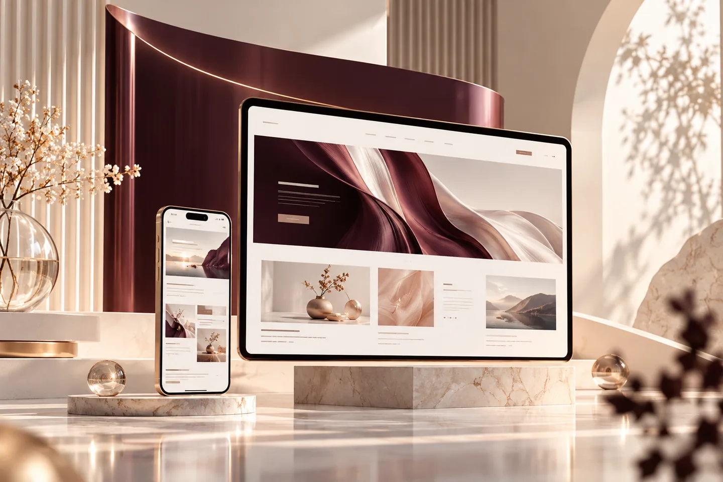 Premium website design concept on desktop and mobile screens with elegant plum and cream brand palette