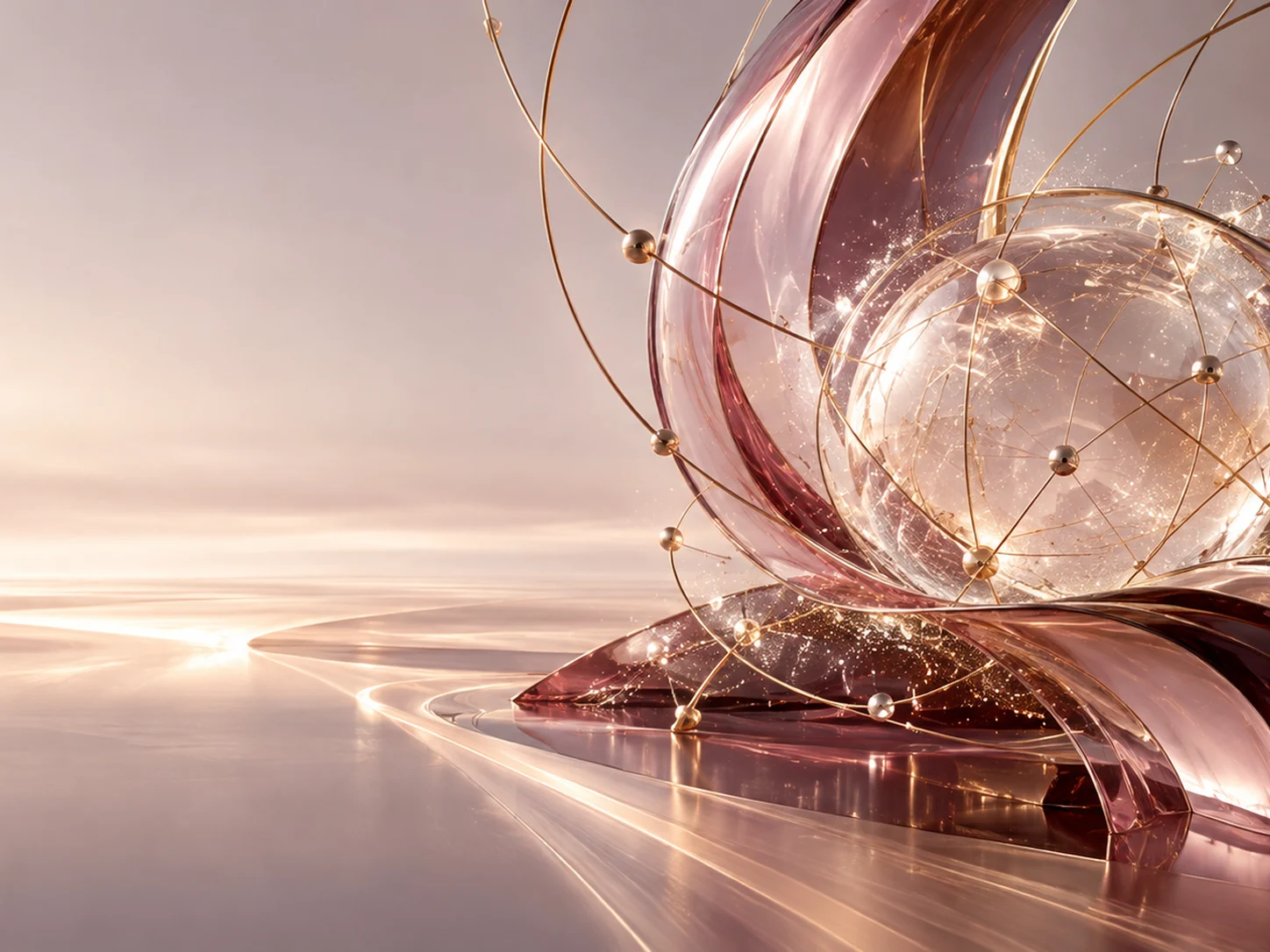Sculpture de verre rose doré et champagne avec des connexions lumineuses évoquant BUI Creative Labs