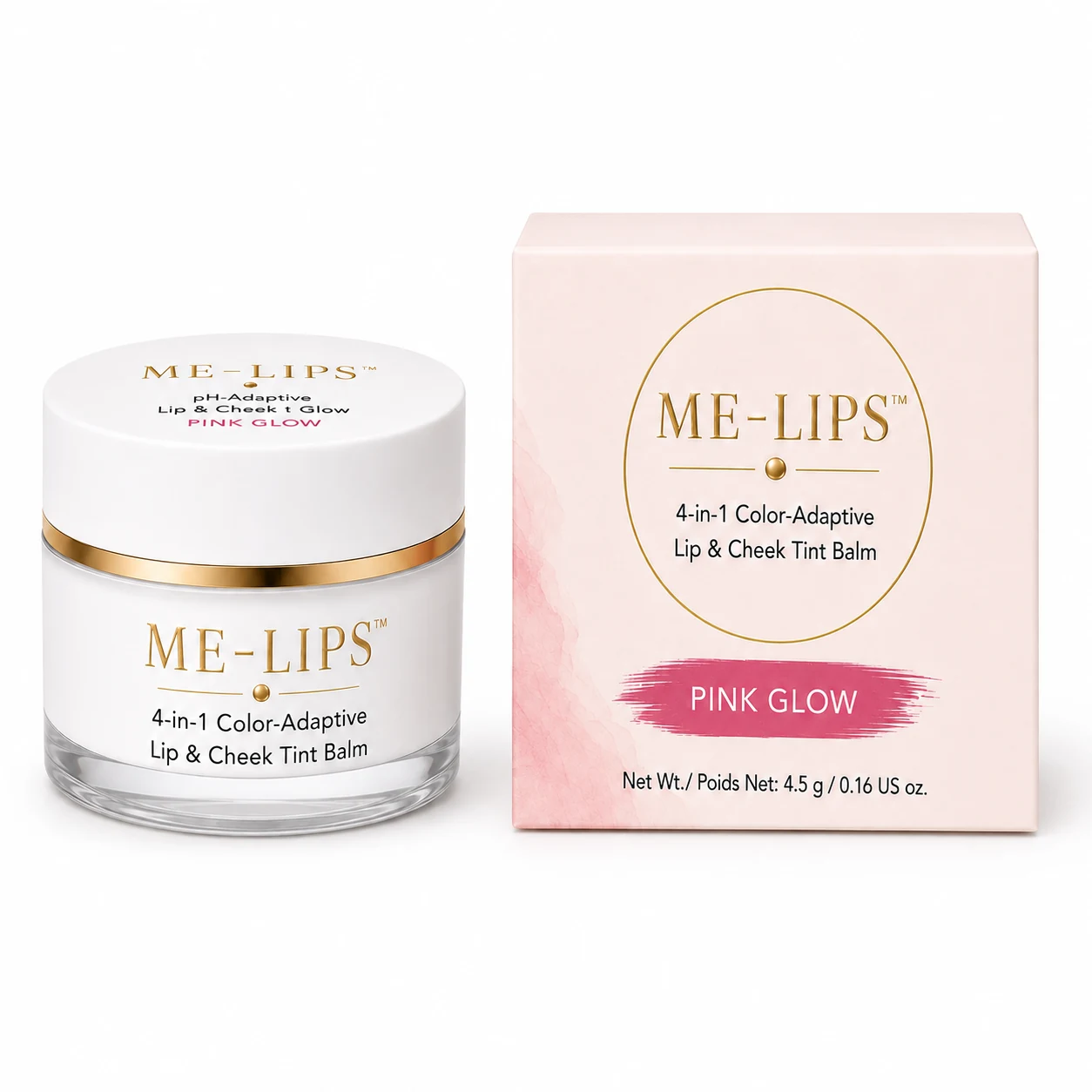 Actual ME-LIPS Pink Glow jar and retail packaging, full product image